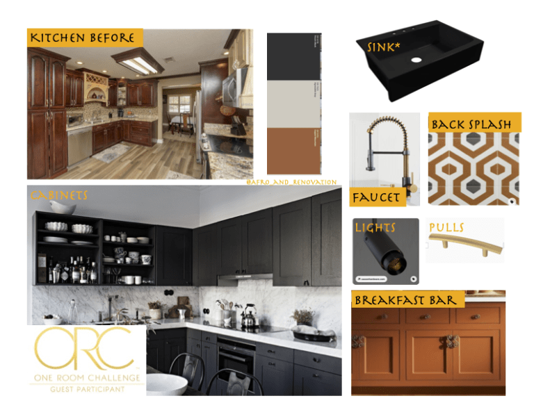 ORC spring 2022 moodboard for a kitchen renovation. Image shows the current kitchen witchery staines cabinets. The plan is to paint the kitchen cabinets a dark color, replace the faucet, tile a backsplash and the three colors in the color story are Tricorn black, Canyon Orange and Agreeable gray all by sherwin williams