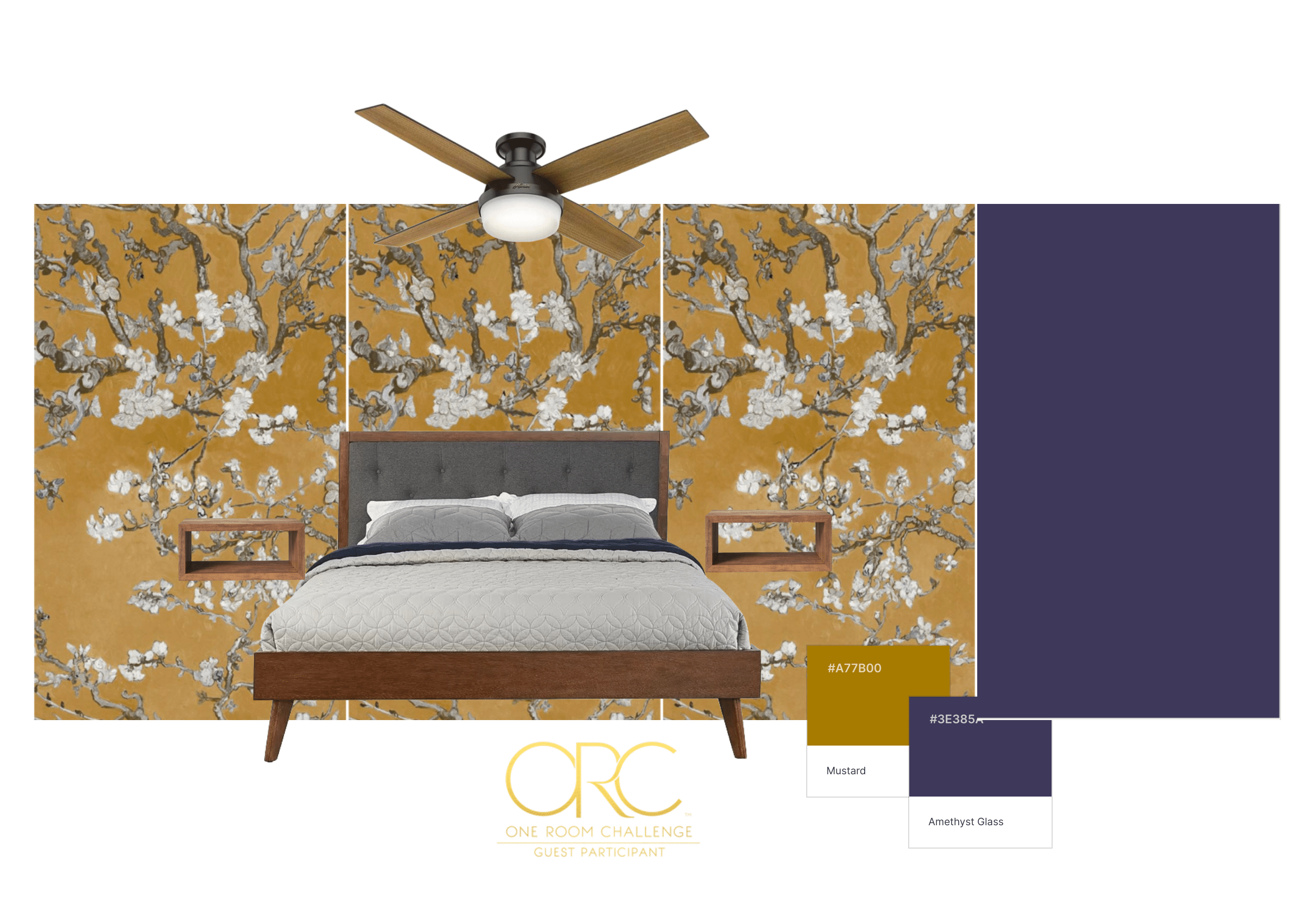 Main bedroom reno moldboard. Featuring a golden van goth almond blossom wallpaper, dark purple paint and a mcm bed