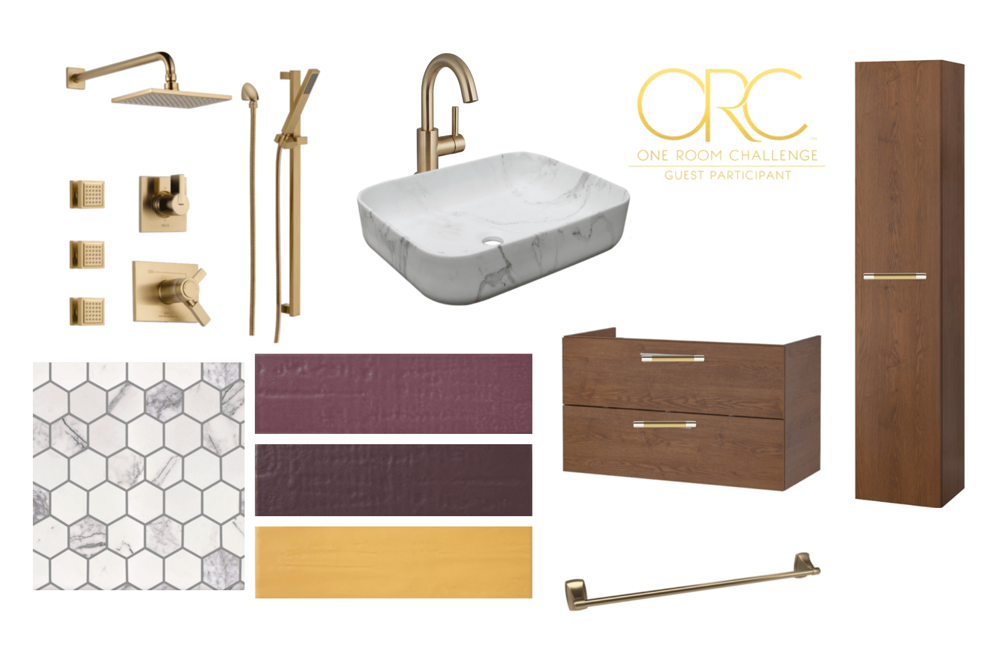 Image of the moodboard for the Main bathroom renovation. Includes an image of a gold shower with multiple jets, a marble sink, a golf single handle faucet, walnut vanity and 4 different tiles. One tile is a hexagon marble, the other three are subway tiles two in different shades of purple and one golden yellow