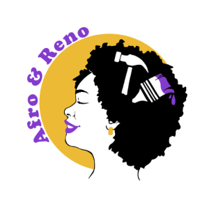Afro and reno logo image featuring a black woman with an afro. In the afro you can see a hammer and a paint brush. The tip of the paint brush is purple. There is a sideways halo around the woman in mustard yellow and the words Afro and Reno