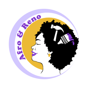 Afro and reno logo image featuring a black woman with an afro. In the afro you can see a hammer and a paint brush. The tip of the paint brush is purple. There is a sideways halo around the woman in mustard yellow and the words Afro and Reno