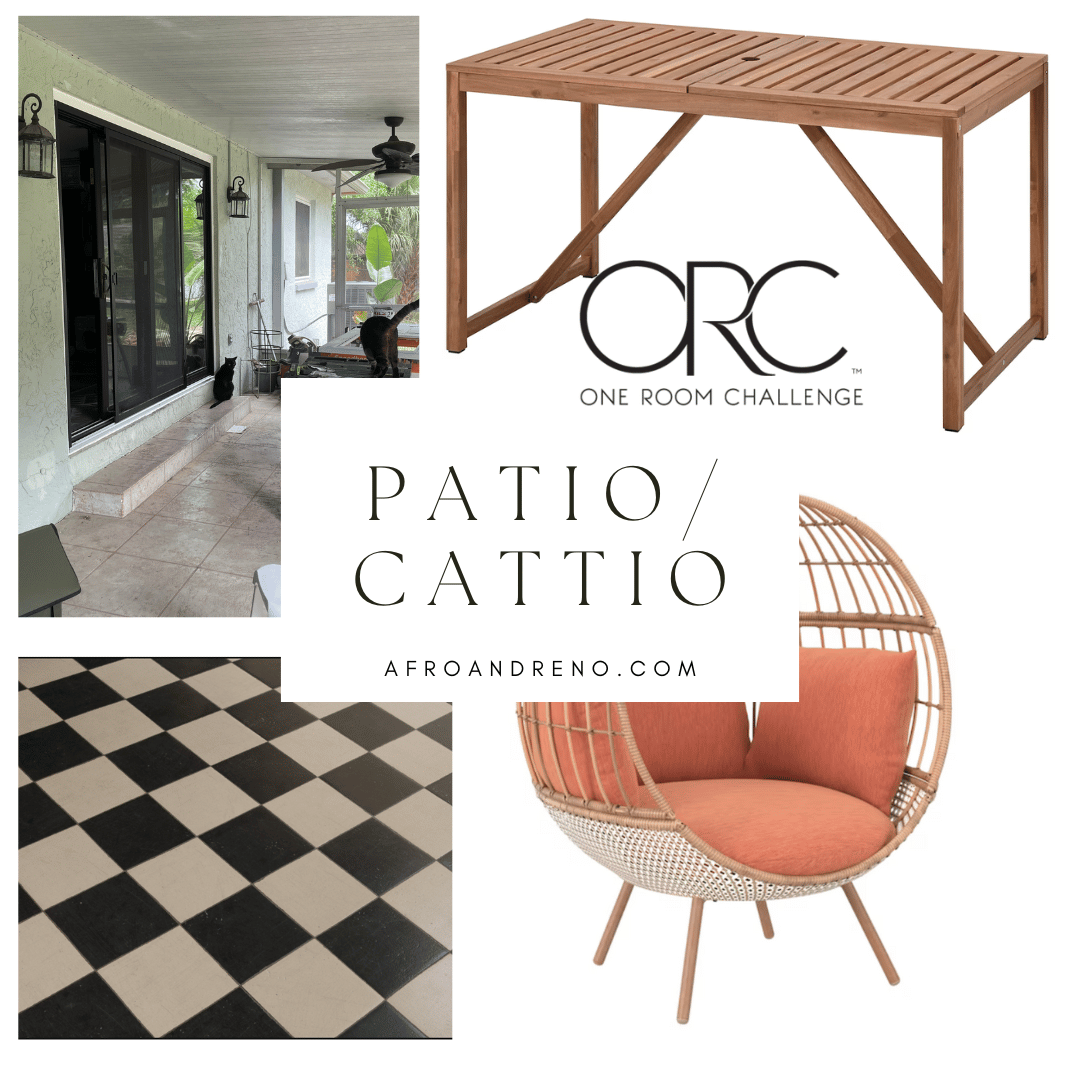 Patio moodboard featuring a picture of the current patio on the top left (green walls, light pink tile look floors and the sliding door) an brown table on the top right, a classic checkered patter on the bottom left and a round egg chair with orange cushions on the bottom right