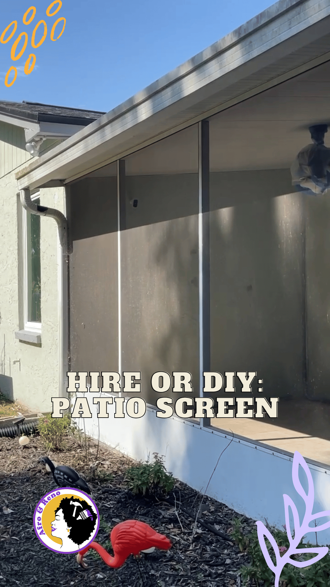 Image of a patio screen with the words hire or diy