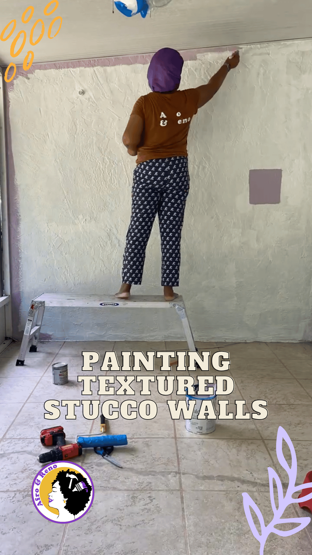 Cover image Afro and reno wearing a rust colored shirt and Mickey Mouse face blue pjs cutting in the edges of the wall with purple paint