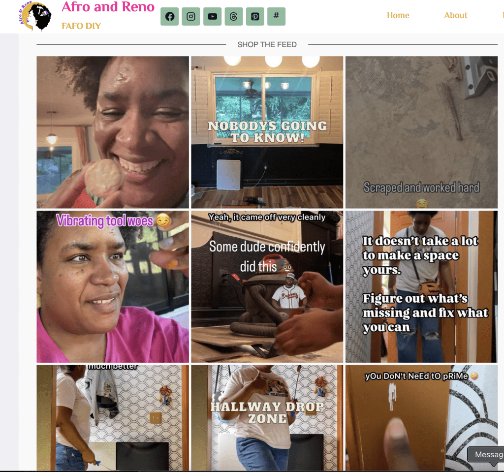 Screenshot of Afro and Renos "Shop my home" feed from LTK. It shows a 6x6m grid of posts