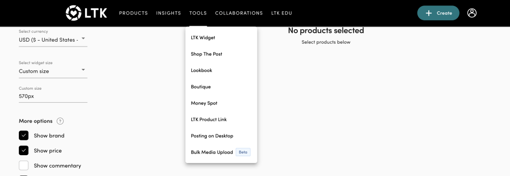 Image of the shop my home "Tools" menu featuring the LTK widget