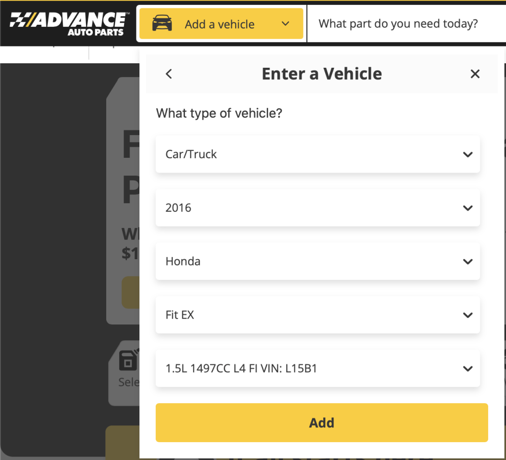 Image of advance auto parts for to add make, model and trim information for your car