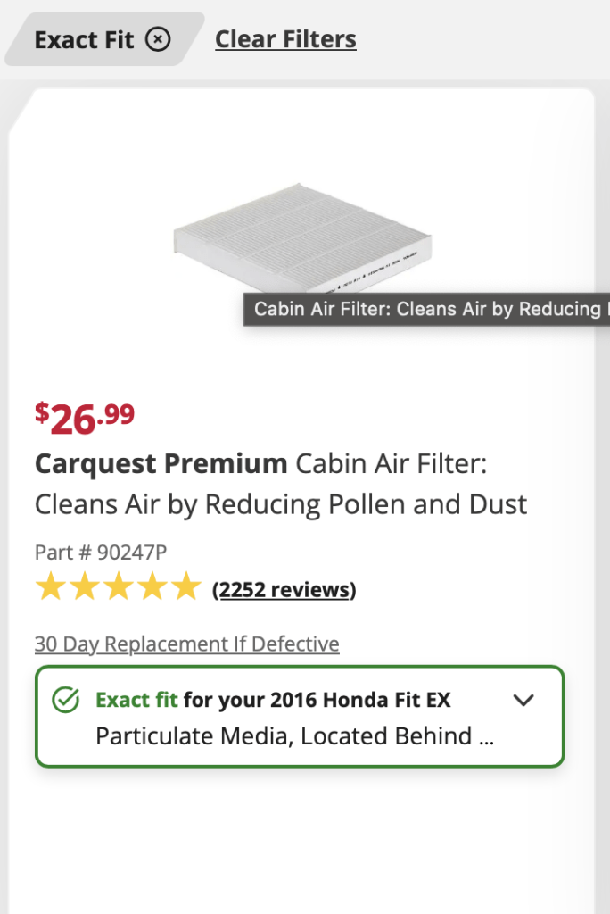 Image of advance auto parts results page with all info on price, if it fits, and where to pick up