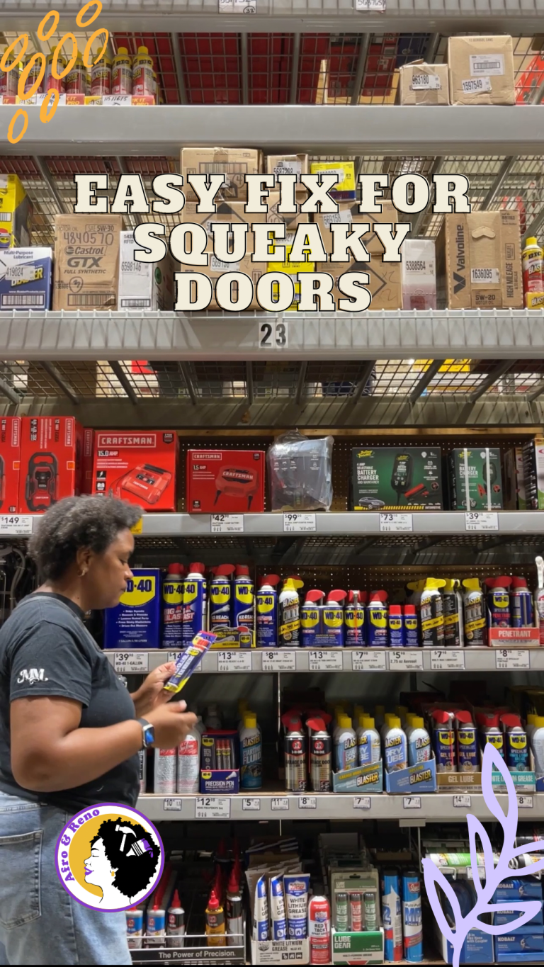 Image of Afro and reno in a Lowes store in the WD-40 and other lubricants aisle walking away with her chosen product in hand
